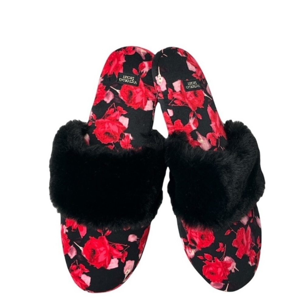 Victoria Secret Satin Red Rose Slippers with faux fur